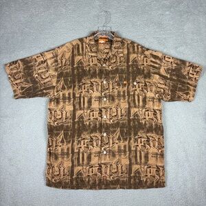 Vintage GAT Jeans Shirt Mens Large Brown Graffiti Logo AOP 90s Y2K